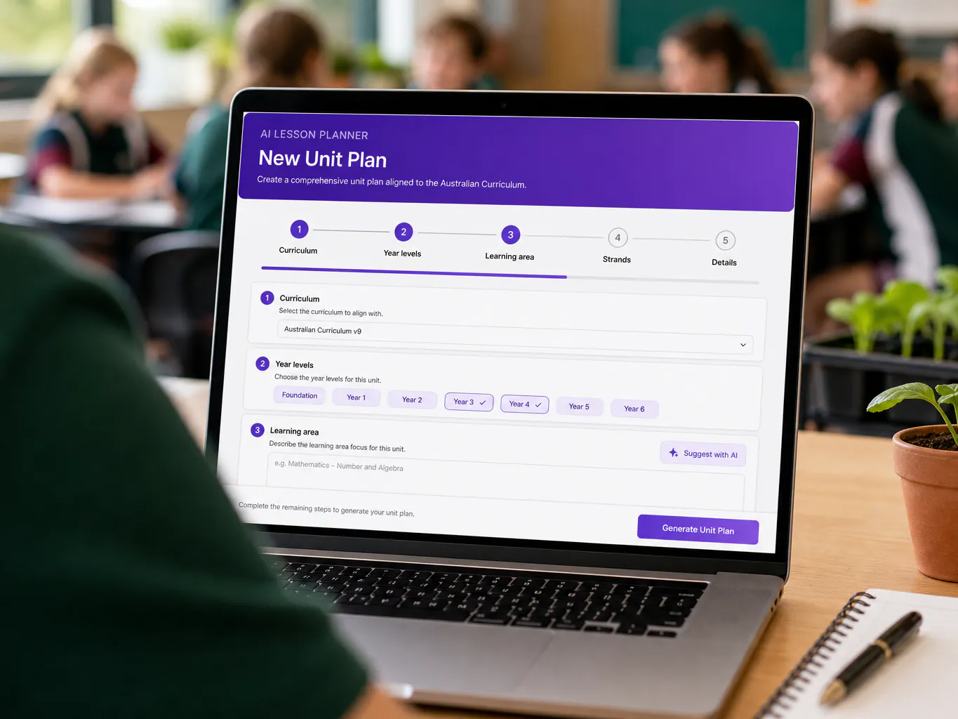 A teacher's laptop in a classroom showing the AI Lesson Planner building a new curriculum-aligned unit plan.